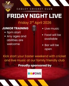 Friday Night Live - 3 April 2026 poster: Junior Training Starts at 6pm - the club will be open
